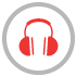 A red icon of a set of headphones within a grey circle.