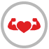 A red icon of a heart with arms flexing its muscles within a grey circle.