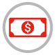 A red icon of a US dollar inside of a gray circle.