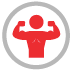 A red icon of a muscular person flexing their muscles within a grey circle.