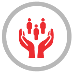 Icon of gray circle around red hands with people.